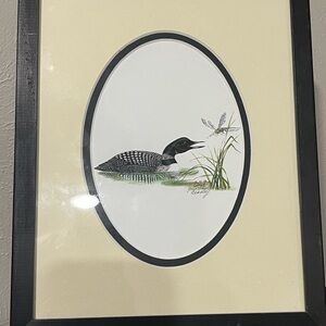 Framed Loon and Dragonfly Art watercolor